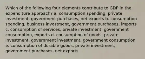 Which of the following four elements contribute to GDP in the expenditure approach? a. consumption spending, private investment, government purchases, net exports b. consumption spending, business investment, government purchases, imports c. consumption of services, private investment, government consumption, exports d. consumption of goods, private investment, government investment, government consumption e. consumption of durable goods, private investment, government purchases, net exports