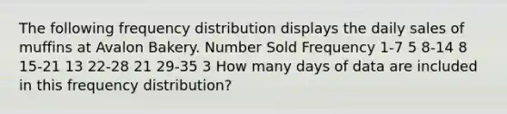 The following frequency distribution displays the daily sales of muffins at Avalon Bakery. Number Sold Frequency 1-7 5 8-14 8 15-21 13 22-28 21 29-35 3 How many days of data are included in this frequency distribution?