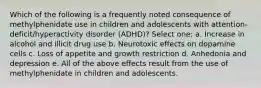 Which of the following is a frequently noted consequence of methylphenidate use in children and adolescents with attention-deficit/hyperactivity disorder (ADHD)? Select one: a. Increase in alcohol and illicit drug use b. Neurotoxic effects on dopamine cells c. Loss of appetite and growth restriction d. Anhedonia and depression e. All of the above effects result from the use of methylphenidate in children and adolescents.