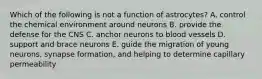 Which of the following is not a function of astrocytes? A. control the chemical environment around neurons B. provide the defense for the CNS C. anchor neurons to blood vessels D. support and brace neurons E. guide the migration of young neurons, synapse formation, and helping to determine capillary permeability