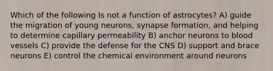 Which of the following Is not a function of astrocytes? A) guide the migration of young neurons, synapse formation, and helping to determine capillary permeability B) anchor neurons to blood vessels C) provide the defense for the CNS D) support and brace neurons E) control the chemical environment around neurons