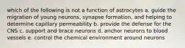 which of the following is not a function of astrocytes a. guide the migration of young neurons, synapse formation, and helping to determine capillary permeability b. provide the defense for the CNS c. support and brace neurons d. anchor neurons to blood vessels e. control the chemical environment around neurons