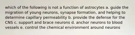 which of the following is not a function of astrocytes a. guide the migration of young neurons, synapse formation, and helping to determine capillary permeability b. provide the defense for the CNS c. support and brace neurons d. anchor neurons to <a href='https://www.questionai.com/knowledge/kZJ3mNKN7P-blood-vessels' class='anchor-knowledge'>blood vessels</a> e. control the chemical environment around neurons