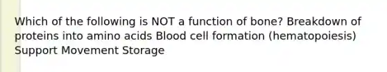 Which of the following is NOT a function of bone? Breakdown of proteins into amino acids Blood cell formation (hematopoiesis) Support Movement Storage