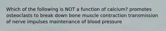 Which of the following is NOT a function of calcium? promotes osteoclasts to break down bone muscle contraction transmission of nerve impulses maintenance of blood pressure