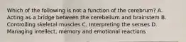 Which of the following is not a function of the cerebrum? A. Acting as a bridge between the cerebellum and brainstem B. Controlling skeletal muscles C. Interpreting the senses D. Managing intellect, memory and emotional reactions