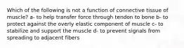 Which of the following is not a function of connective tissue of muscle? a- to help transfer force through tendon to bone b- to protect against the overly elastic component of muscle c- to stabilize and support the muscle d- to prevent signals from spreading to adjacent fibers