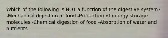 Which of the following is NOT a function of the digestive system? -Mechanical digestion of food -Production of energy storage molecules -Chemical digestion of food -Absorption of water and nutrients