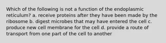 Which of the following is not a function of the endoplasmic reticulum? a. receive proteins after they have been made by the ribosome b. digest microbes that may have entered the cell c. produce new cell membrane for the cell d. provide a route of transport from one part of the cell to another