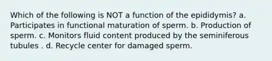 Which of the following is NOT a function of the epididymis? a. Participates in functional maturation of sperm. b. Production of sperm. c. Monitors fluid content produced by the seminiferous tubules . d. Recycle center for damaged sperm.