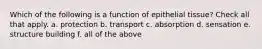 Which of the following is a function of epithelial tissue? Check all that apply. a. protection b. transport c. absorption d. sensation e. structure building f. all of the above