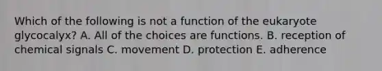 Which of the following is not a function of the eukaryote glycocalyx? A. All of the choices are functions. B. reception of chemical signals C. movement D. protection E. adherence