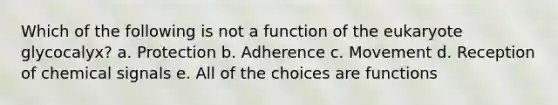 Which of the following is not a function of the eukaryote glycocalyx? a. Protection b. Adherence c. Movement d. Reception of chemical signals e. All of the choices are functions