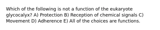 Which of the following is not a function of the eukaryote glycocalyx? A) Protection B) Reception of chemical signals C) Movement D) Adherence E) All of the choices are functions.