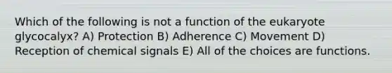 Which of the following is not a function of the eukaryote glycocalyx? A) Protection B) Adherence C) Movement D) Reception of chemical signals E) All of the choices are functions.