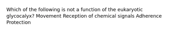 Which of the following is not a function of the eukaryotic glycocalyx? Movement Reception of chemical signals Adherence Protection