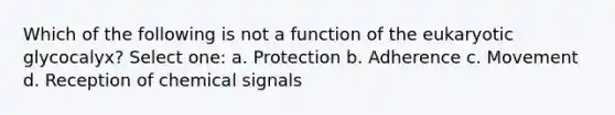 Which of the following is not a function of the eukaryotic glycocalyx? Select one: a. Protection b. Adherence c. Movement d. Reception of chemical signals