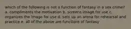 which of the following is not a function of fantasy in a sex crime? a. compliments the motivation b. screens image for use c. organizes the image for use d. sets up an arena for rehearsal and practice e. all of the above are functions of fantasy