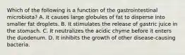 Which of the following is a function of the gastrointestinal microbiota? A. It causes large globules of fat to disperse into smaller fat droplets. B. It stimulates the release of gastric juice in the stomach. C. It neutralizes the acidic chyme before it enters the duodenum. D. It inhibits the growth of other disease-causing bacteria.