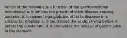 Which of the following is a function of the gastrointestinal microbiota? a. It inhibits the growth of other disease-causing bacteria. b. It causes large globules of fat to disperse into smaller fat droplets. c. It neutralizes the acidic chyme before it enters the duodenum. d. It stimulates the release of gastric juice in the stomach.