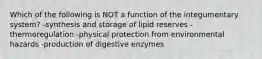 Which of the following is NOT a function of the integumentary system? -synthesis and storage of lipid reserves -thermoregulation -physical protection from environmental hazards -production of digestive enzymes