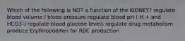 Which of the following is NOT a function of the KIDNEY? regulate blood volume / blood pressure regulate blood pH ( H + and HCO3-) regulate blood glucose levels regulate drug metabolism produce Erythropoeiten for RBC production