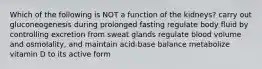 Which of the following is NOT a function of the kidneys? carry out gluconeogenesis during prolonged fasting regulate body fluid by controlling excretion from sweat glands regulate blood volume and osmolality, and maintain acid-base balance metabolize vitamin D to its active form