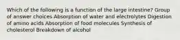 Which of the following is a function of the large intestine? Group of answer choices Absorption of water and electrolytes Digestion of amino acids Absorption of food molecules Synthesis of cholesterol Breakdown of alcohol