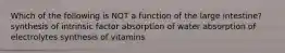 Which of the following is NOT a function of the large intestine? synthesis of intrinsic factor absorption of water absorption of electrolytes synthesis of vitamins