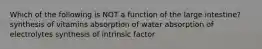 Which of the following is NOT a function of the large intestine? synthesis of vitamins absorption of water absorption of electrolytes synthesis of intrinsic factor