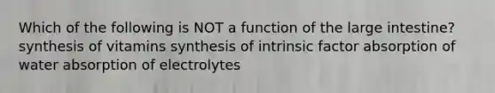 Which of the following is NOT a function of the large intestine? synthesis of vitamins synthesis of intrinsic factor absorption of water absorption of electrolytes