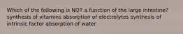 Which of the following is NOT a function of the large intestine? synthesis of vitamins absorption of electrolytes synthesis of intrinsic factor absorption of water