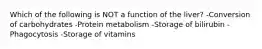 Which of the following is NOT a function of the liver? -Conversion of carbohydrates -Protein metabolism -Storage of bilirubin -Phagocytosis -Storage of vitamins