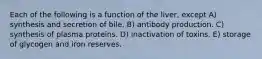 Each of the following is a function of the liver, except A) synthesis and secretion of bile. B) antibody production. C) synthesis of plasma proteins. D) inactivation of toxins. E) storage of glycogen and iron reserves.