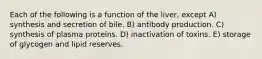 Each of the following is a function of the liver, except A) synthesis and secretion of bile. B) antibody production. C) synthesis of plasma proteins. D) inactivation of toxins. E) storage of glycogen and lipid reserves.