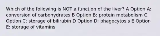 Which of the following is NOT a function of the liver? A Option A: conversion of carbohydrates B Option B: protein metabolism C Option C: storage of bilirubin D Option D: phagocytosis E Option E: storage of vitamins