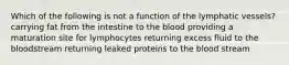 Which of the following is not a function of the lymphatic vessels? carrying fat from the intestine to the blood providing a maturation site for lymphocytes returning excess fluid to the bloodstream returning leaked proteins to the blood stream