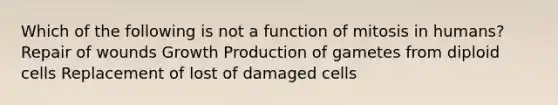 Which of the following is not a function of mitosis in humans? Repair of wounds Growth Production of gametes from diploid cells Replacement of lost of damaged cells