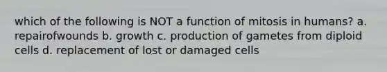 which of the following is NOT a function of mitosis in humans? a. repairofwounds b. growth c. production of gametes from diploid cells d. replacement of lost or damaged cells