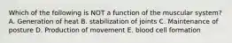 Which of the following is NOT a function of the muscular system? A. Generation of heat B. stabilization of joints C. Maintenance of posture D. Production of movement E. blood cell formation