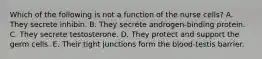 Which of the following is not a function of the nurse cells? A. They secrete inhibin. B. They secrete androgen-binding protein. C. They secrete testosterone. D. They protect and support the germ cells. E. Their tight junctions form the blood-testis barrier.