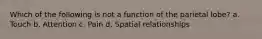 Which of the following is not a function of the parietal lobe? a. Touch b. Attention c. Pain d. Spatial relationships