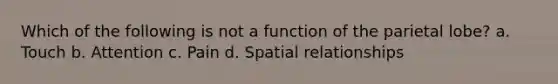 Which of the following is not a function of the parietal lobe? a. Touch b. Attention c. Pain d. Spatial relationships