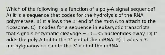 Which of the following is a function of a poly-A signal sequence? A) It is a sequence that codes for the hydrolysis of the RNA polymerase. B) It allows the 3' end of the mRNA to attach to the ribosome. C) It codes for a sequence in eukaryotic transcripts that signals enzymatic cleavage ~10—35 nucleotides away. D) It adds the poly-A tail to the 3' end of the mRNA. E) It adds a 7-methylguanosine cap to the 3' end of the mRNA.