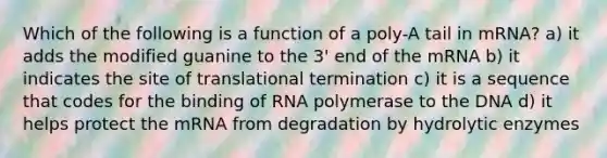 Which of the following is a function of a poly-A tail in mRNA? a) it adds the modified guanine to the 3' end of the mRNA b) it indicates the site of translational termination c) it is a sequence that codes for the binding of RNA polymerase to the DNA d) it helps protect the mRNA from degradation by hydrolytic enzymes