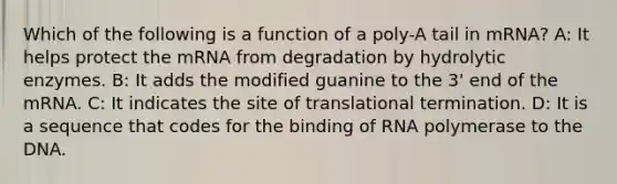 Which of the following is a function of a poly-A tail in mRNA? A: It helps protect the mRNA from degradation by hydrolytic enzymes. B: It adds the modified guanine to the 3' end of the mRNA. C: It indicates the site of translational termination. D: It is a sequence that codes for the binding of RNA polymerase to the DNA.