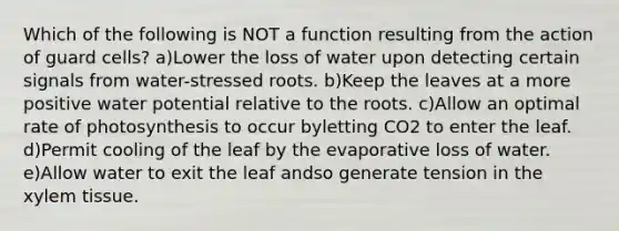 Which of the following is NOT a function resulting from the action of guard cells? a)Lower the loss of water upon detecting certain signals from water-stressed roots. b)Keep the leaves at a more positive water potential relative to the roots. c)Allow an optimal rate of photosynthesis to occur byletting CO2 to enter the leaf. d)Permit cooling of the leaf by the evaporative loss of water. e)Allow water to exit the leaf andso generate tension in the xylem tissue.