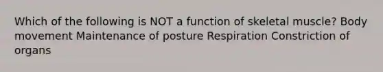 Which of the following is NOT a function of skeletal muscle? Body movement Maintenance of posture Respiration Constriction of organs