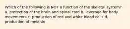 Which of the following is NOT a function of the skeletal system? a. protection of the brain and spinal cord b. leverage for body movements c. production of red and white blood cells d. production of melanin