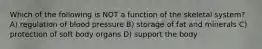 Which of the following is NOT a function of the skeletal system? A) regulation of blood pressure B) storage of fat and minerals C) protection of soft body organs D) support the body